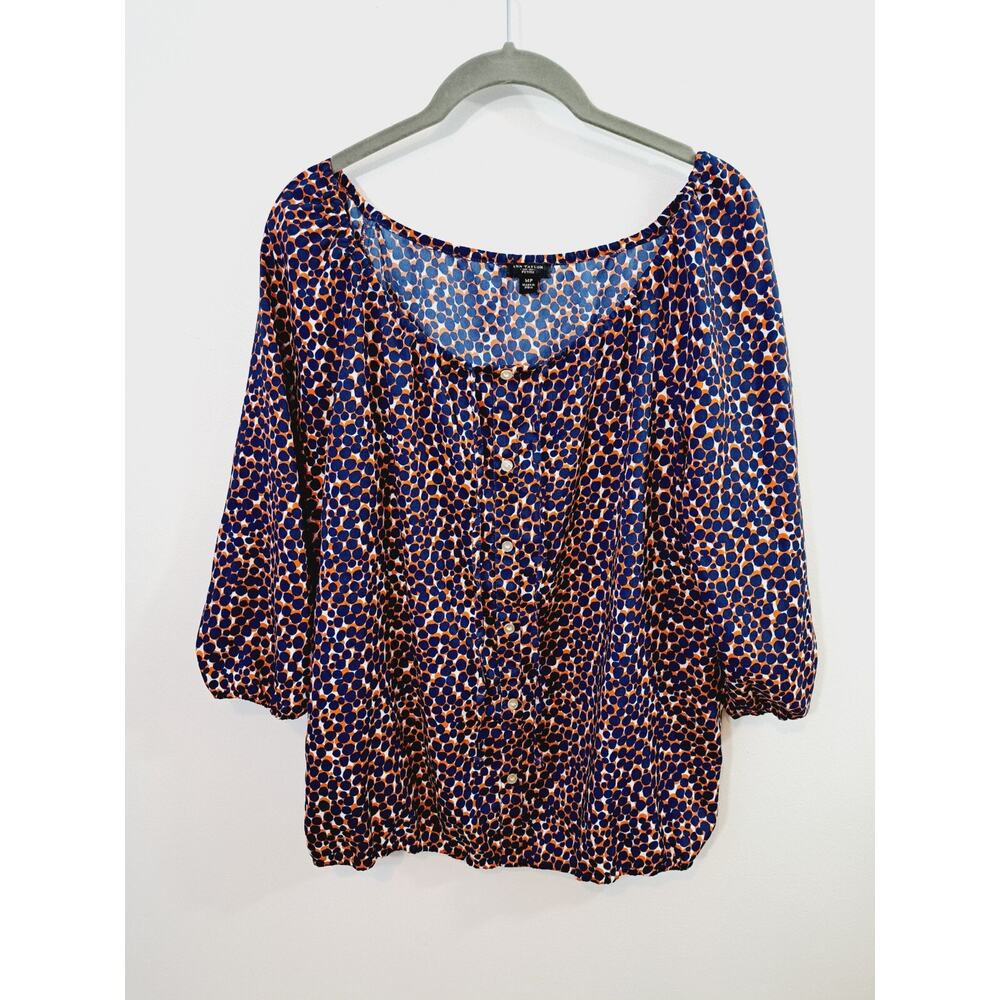 Ann Taylor Petite Women's Blue Orange Print Blouse 3/4 Sleeve Size MP